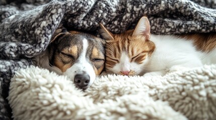 Obraz premium A peaceful scene of a sleeping dog and cat cuddled together under a cozy blanket, radiating warmth and companionship.