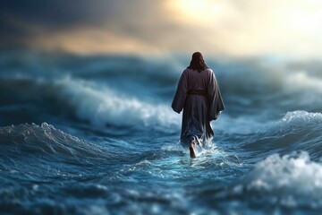 A person in a robe walking through the waves of the ocean, great for beach or sea-themed images