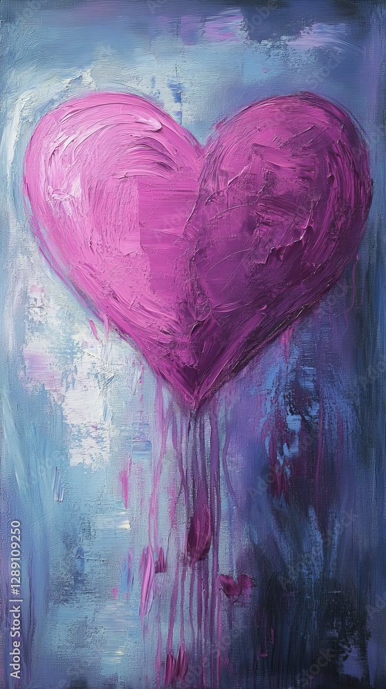 Poster abstract painting of pink heart on textured blue background with brushstrokes and dripping effect. e