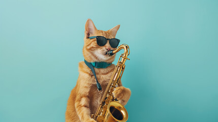 A cat plays the saxophone on light blue color background, Animal photography