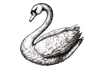 Hand-drawn swan vintage illustration in old engraving style, trendy wildlife print on white background, black sketch bird art, artistic animal design, wildlife illustration.