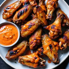 A plate of peri-peri grilled chicken wings served with a side of tangy dipping sauce 2