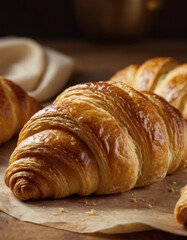 Fototapeta premium Photorealistic macro of a fresh croissant with golden layers