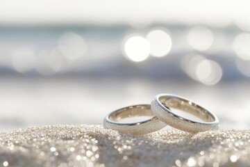 Two wedding rings sit atop a sandy beach, perfect for a romantic getaway or a special occasion