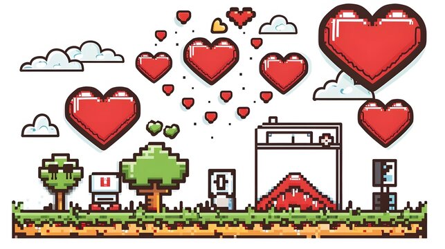 nostalgic pixel hearts and 8bit video game elements on bright white background. generative ai