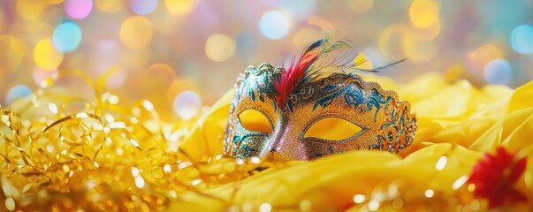Festive Golden Glitter Mask with Feathers on Yellow Fabric and Bokeh Background