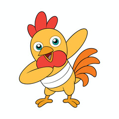 A cool cartoon rooster strikes a dabbing pose, one wing covering its face while the other points outward. With vibrant feathers and a playful attitude, it radiates confidence!