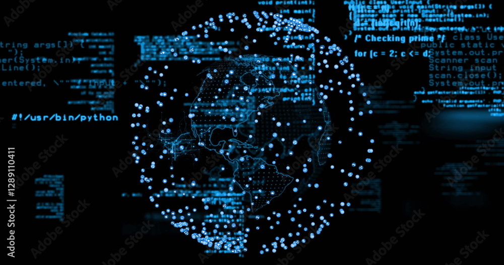Poster image of data processing and globe on black background