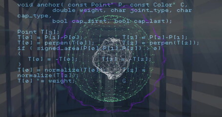 Image of data processing and global network rotating over computer servers