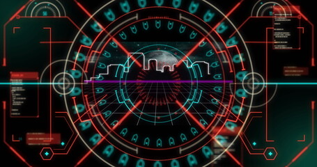 Image of data processing with scope scanning over cityscape and globe on black background
