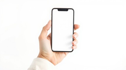 Close-up of a woman's hand holding a modern smartphone with a blank screen, perfect for mockups, isolated on a white background. Minimalist concept for technology, business, and digital design.
