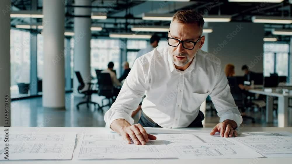 Poster Professional engineer carefully reviewing detailed blueprints spread across workspace, capturing precision and concentration in slow motion architectural design process