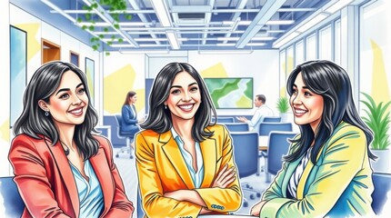 A watercolor painting of a group of businesspeople, diverse in appearance and age, smiling and collaborating in a vibrant office, loose brush strokes and bright, translucent colors