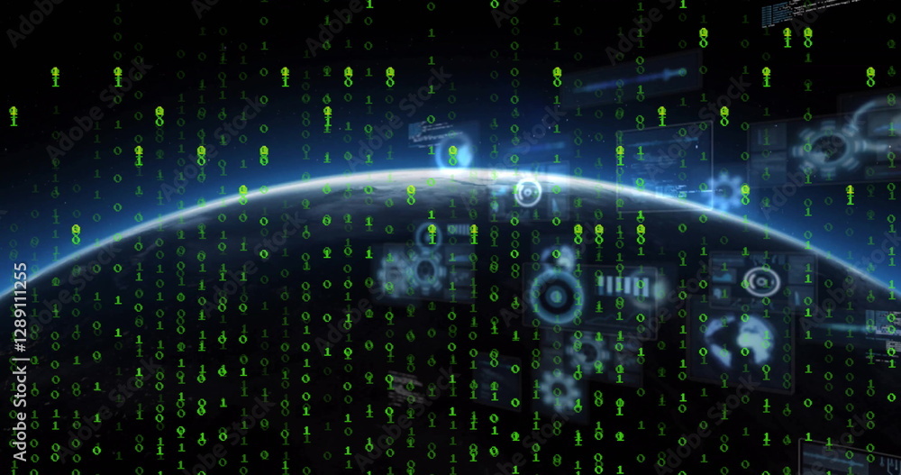 Poster image of data processing over globe on black background