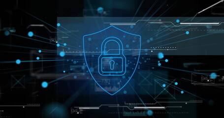 Image of network of connections over data processing and padlock with shield
