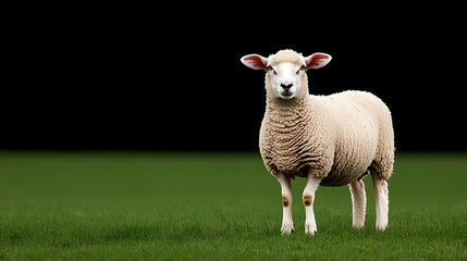 Obraz premium A fluffy sheep stands in a vibrant green field, its woolly coat contrasting against the dark backdrop. A peaceful scene of rural life.
