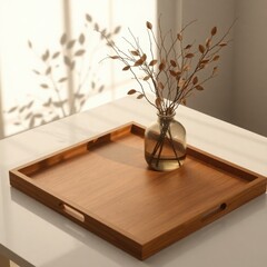 Minimalist square wooden tray on glossy white table with amber glass vase and delicate tree twig, casting soft shadows on white wall background