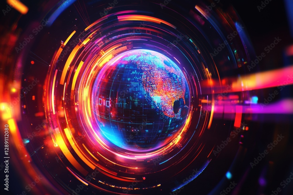 Poster a globe lit up by colorful lights in a dark room, suitable for use as a decorative element or to rep