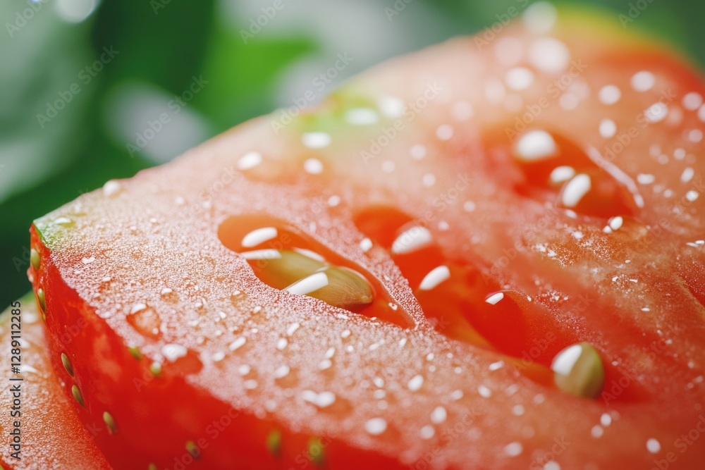 Poster a high-quality close-up image of a sliced tomato with visible seeds