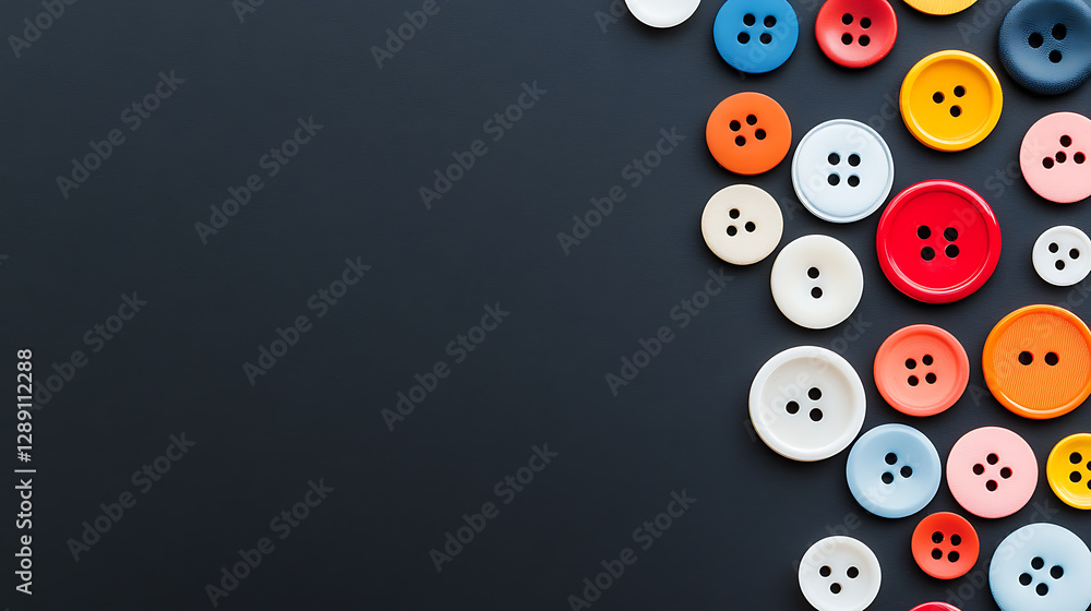 Poster colorful sewing buttons on dark background. buttons of different sizes and colors are arranged on th