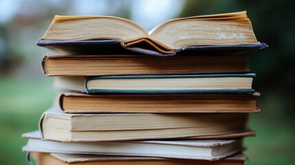 A stacked arrangement of vintage books showcasing various colors and textures against a blurred green background.