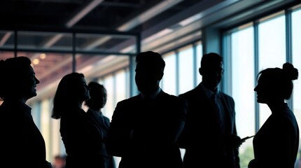 Silhouetted group of business professionals engaged in conversation in a modern office, backlit by large windows, teamwork and corporate collaboration concept.