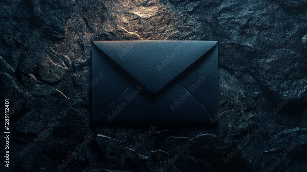 Poster Black envelope on textured dark stone surface with soft lighting, mysterious and elegant communication concept