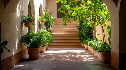 Fototapeta premium Sunlit Courtyard with Stone Steps and Lush Greenery