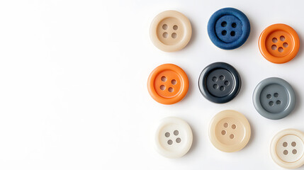 Fototapeta premium Colorful sewing buttons arranged against a white background. Round, four-hole fasteners for garments or crafts. Assorted colors for customization.