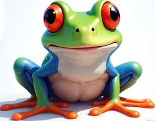 Fototapeta premium Cute frog illustration with big red eyes, sitting pose. Green skin, blue legs. Lovely amphibian character with a gentle smile for kids design, mascot. Isolated on white.