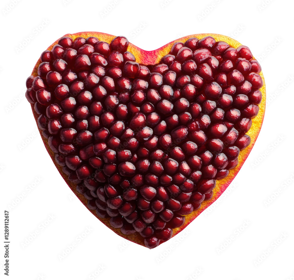 Poster heart shaped pomegranate fruit displayed on a wooden table with natural lighting and soft shadows is