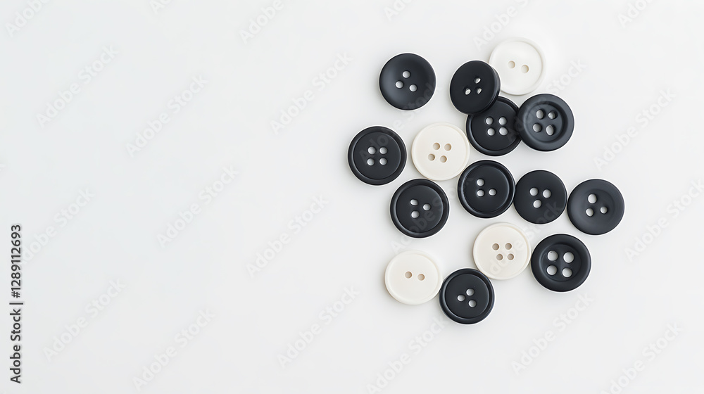 Poster monochromatic buttons are arranged on a white surface. they are in different sizes and designs, with