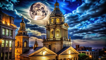 Obraz premium Night Photography: Ornate Classical Tower, Cupola, Stone Building - Low Angle View