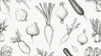 A detailed monochromatic illustration of various fresh vegetables including carrots, onions, and zucchini.