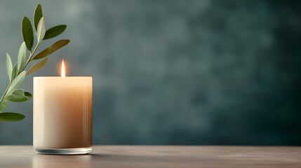 Lit Candle with Olive Branch on Wooden Table