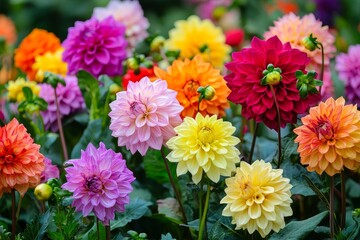 Vibrant Dahlia Garden Bloom - Close-up view of a lush garden filled with colorful dahlia flowers in various shades and sizes