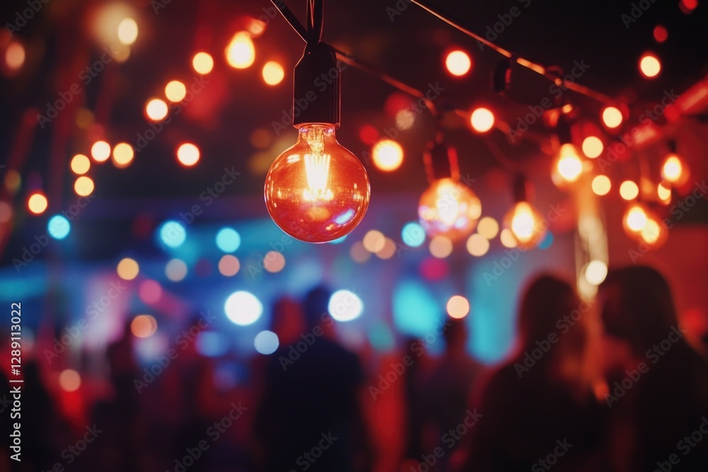 Poster a group of people standing together under a colorful string of lights, ideal for party or event use