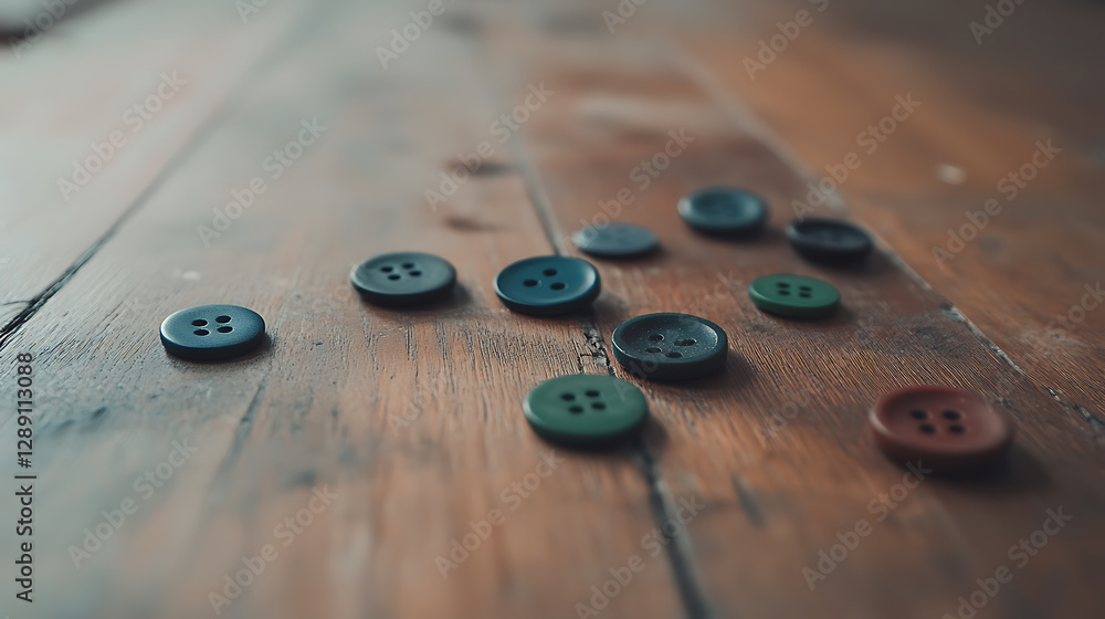 Poster a collection of colorful sewing buttons scattered on a rustic wooden surface, creating a visually ap