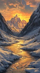 Obraz premium Majestic snowy mountain peaks at sunset with golden river in valley, serene winter landscape. Nature beauty and tranquility concept