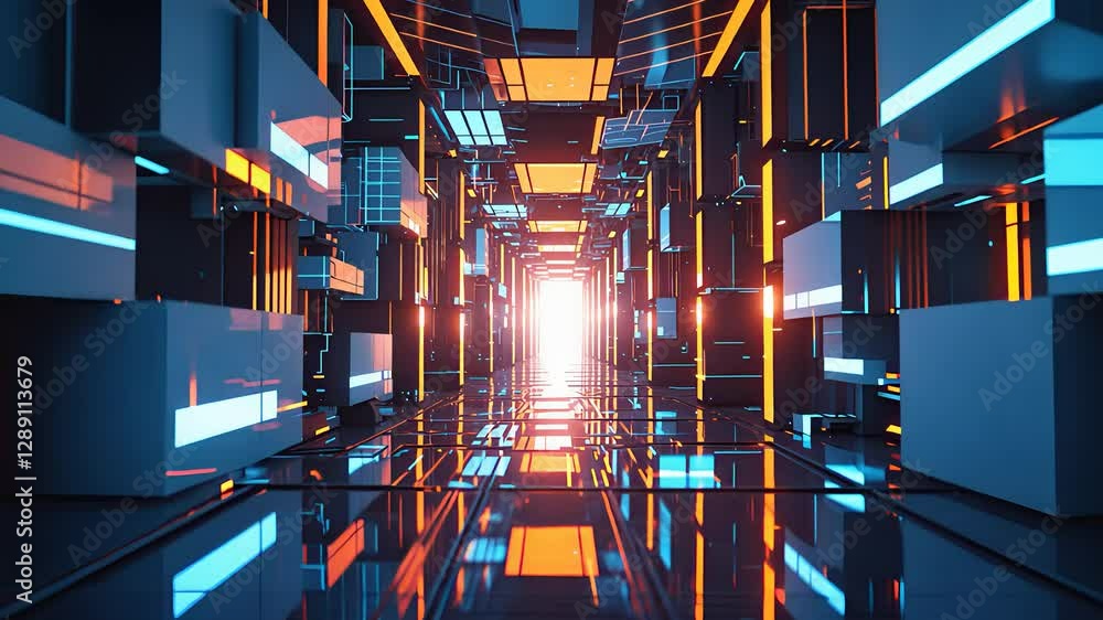 Poster futuristic digital tunnel with bright illuminated path and high-tech geometric shapes