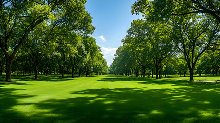 Fototapeta premium Sunlit Green Park Landscape with Lush Trees and Grassy Meadow