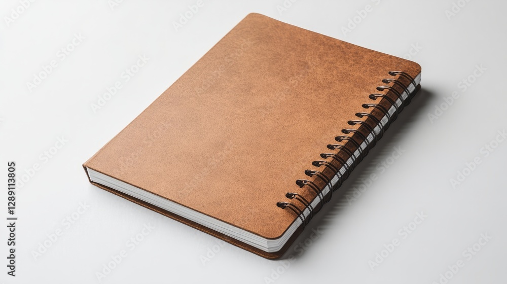 Poster compact spiral notebook with a matte brown cover placed on a smooth white background