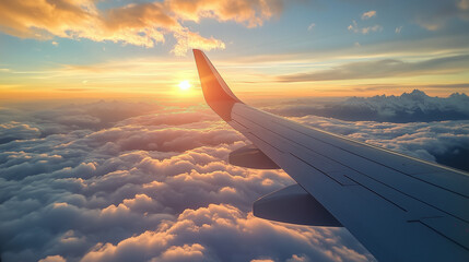 Airplane Wing Above the Clouds at Sunrise