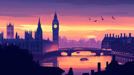 Fototapeta premium Cityscape of london with big ben and the thames river at dusk. Gothic Clocktower at Dusk. Illustration