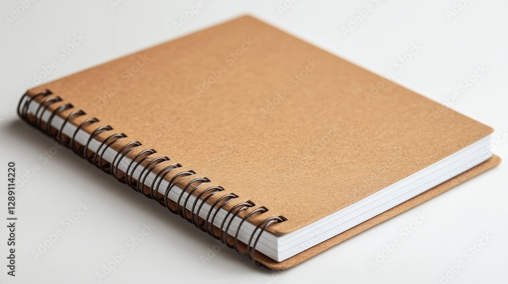 Poster detailed view of a brown spiral-bound notebook with textured paper on a plain white surface