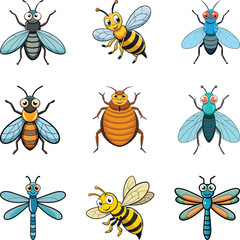 Cute Insect Cartoon Characters, Cute Set Insects Cartoon Bugs Illustration,