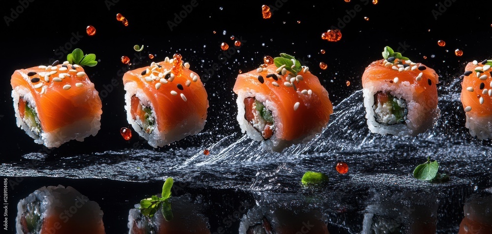 Poster fresh sushi rolls in motion with vibrant colors and splashes of water on a black background for a dy