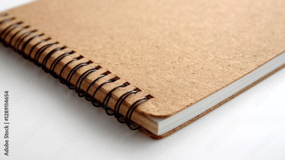 Poster detailed view of a brown spiral-bound notebook with textured paper on a plain white surface