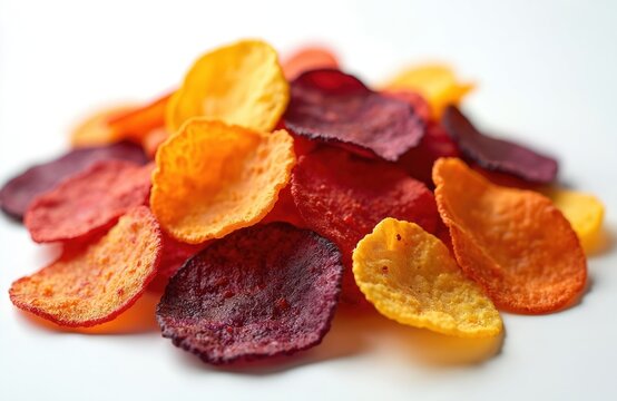 Pile of colorful vegetable chips of various shades. Organic snack made from potato, beet and carrot. Healthy homemade crispy crunchy tasty appetizing food on white background.