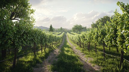 Lush vineyard landscape with sunlit rows of grapevines under a bright blue sky and fluffy white clouds